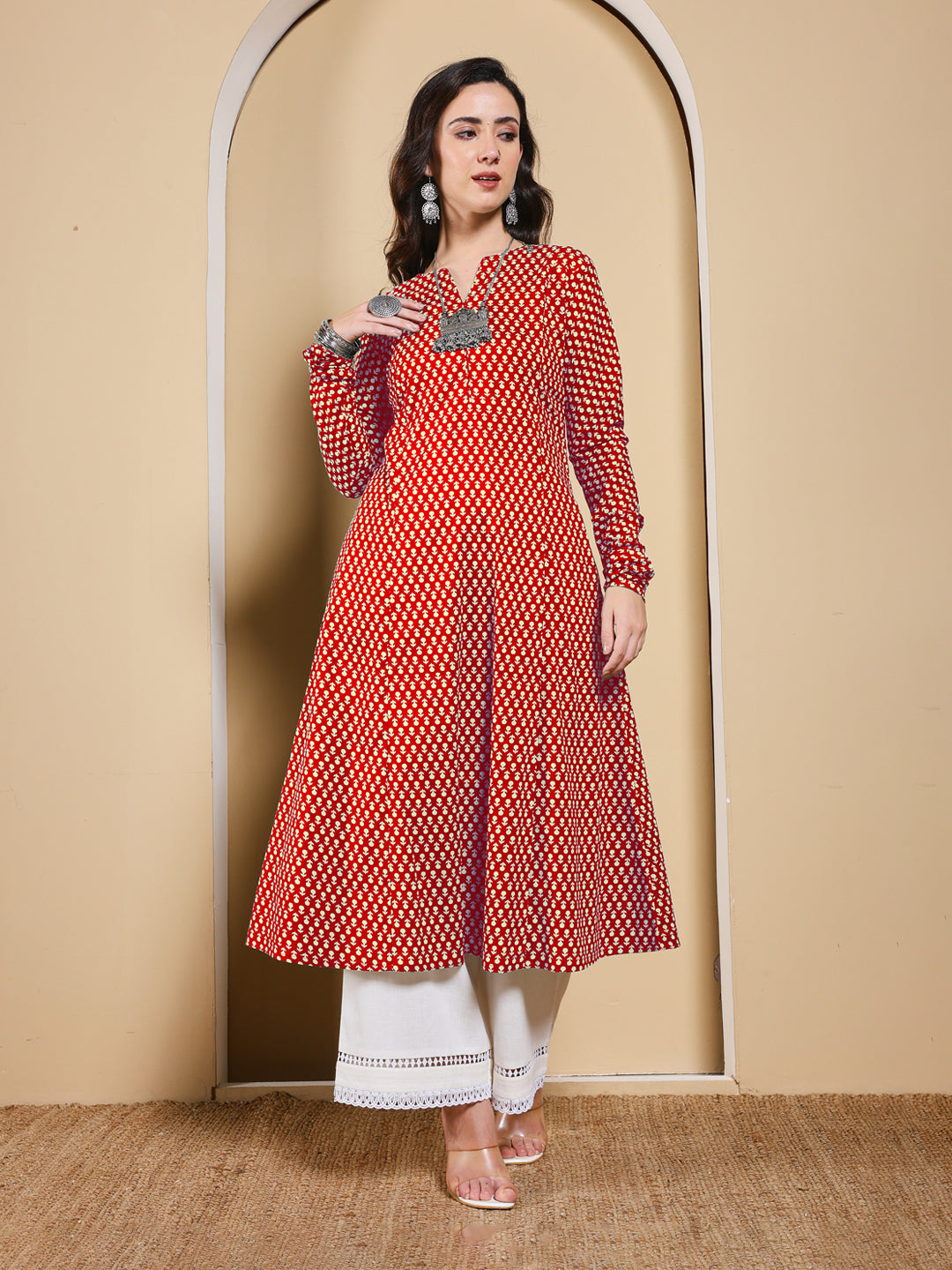 FIORRA Women’s Red Floral Printed Anarkali Kurta